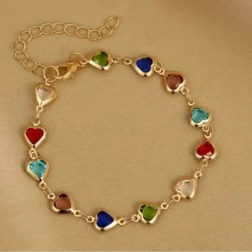 COPY - Gold stainless colorful heart charms synthetic gemstone accents